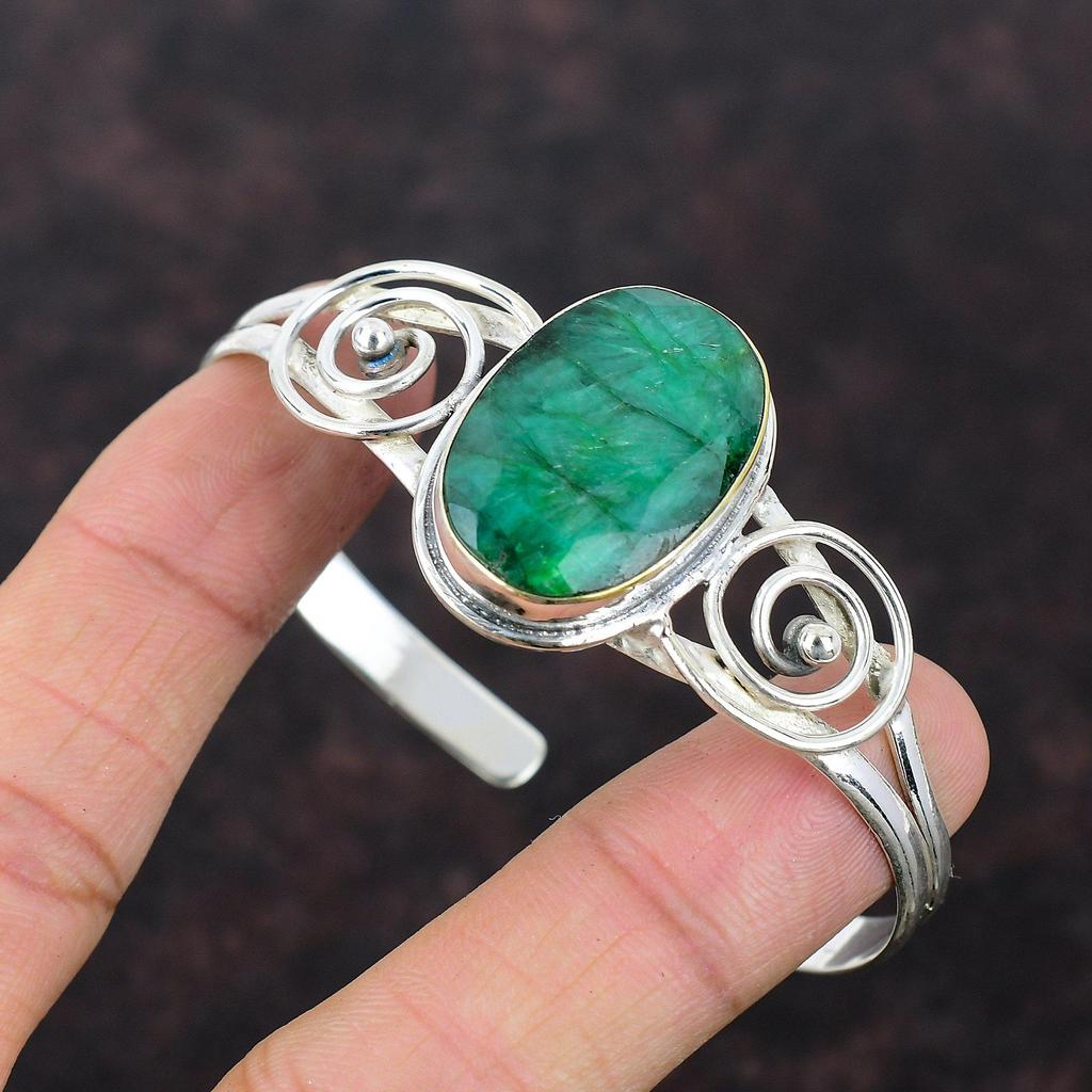Faceted Zambian Emerald Cuff Bracelet 925 Sterling Silver Bangle Handmade Adjustable Bangle Gemstone Jewelry Gift For Women Brand New Bangle
