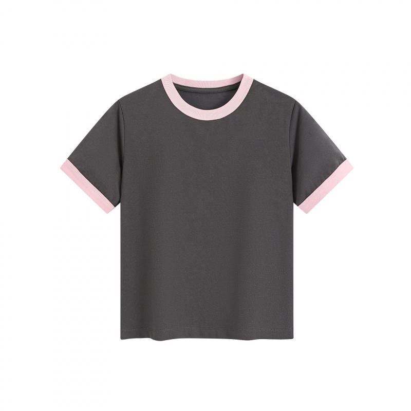 Heavyweight color-blocked round-neck women's simple versatile short-sleeve T-shirt, regular shoulder, cropped slim-fit top
