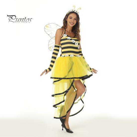 Yellow And Black Bee Costume Cosplay with Wings Antennas Queen Halloween Party Energetic Apparel Role-Playing Flower Decor Scattered Cake Hem
