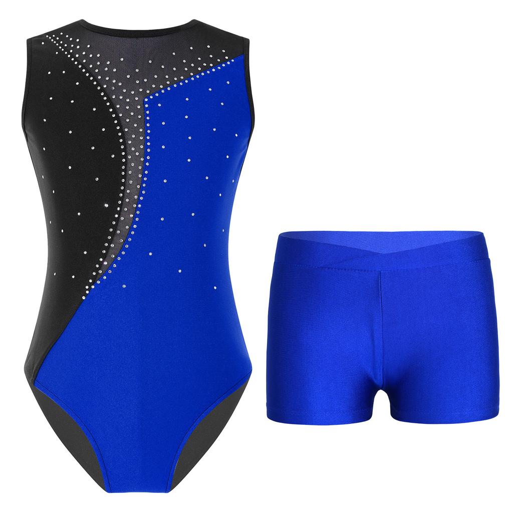 Girls Performance Leotard Sleeveless Round Neck Shiny Rhinestones Contrast Patchwork Design Waistband Shorts Set