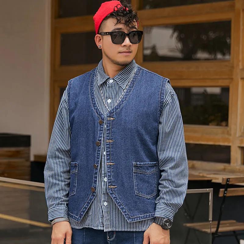 Мужской весенний свободный джинсовый жилет большого размера, однотонный топ без рукавов с прямым подолом