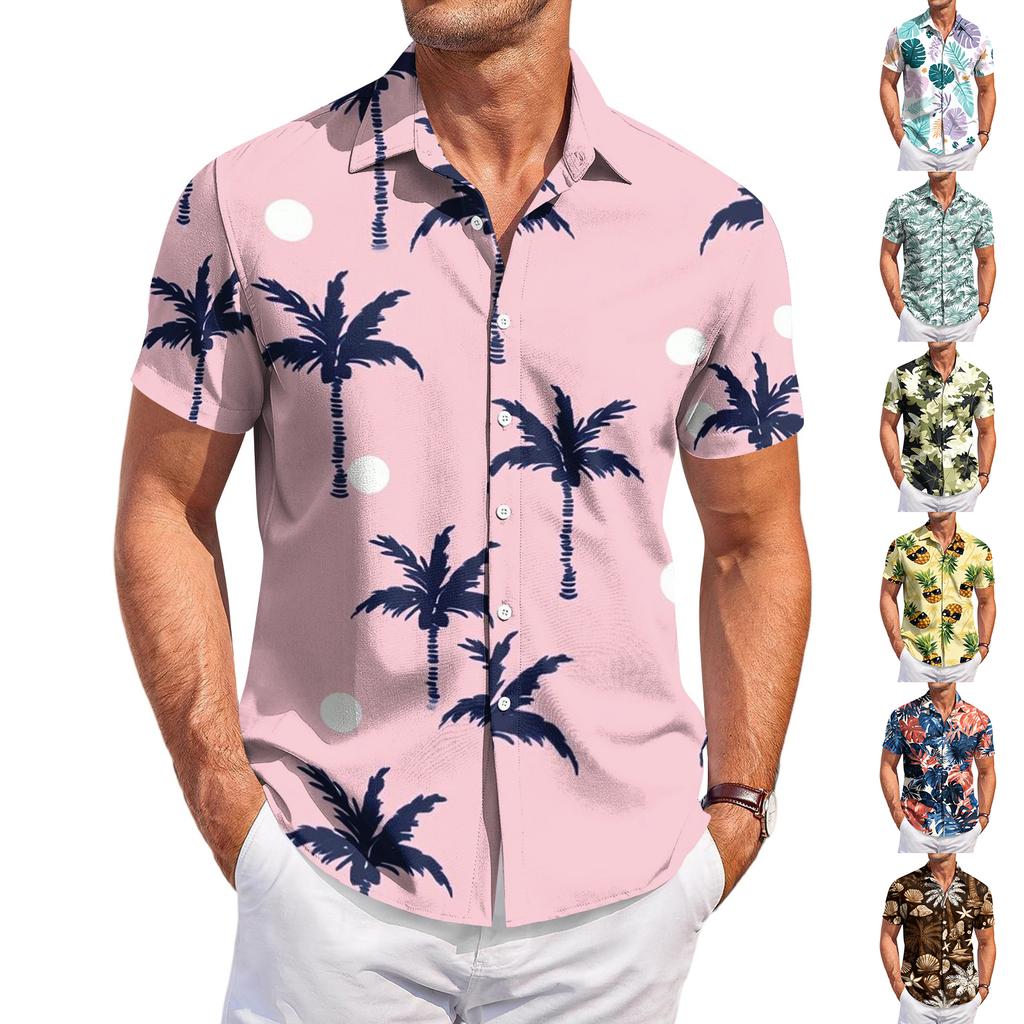 Men's Casual Loose Fit Hawaiian Print Short Sleeve Shirt Button Down Beach Vacation Shirt Lightweight Breathable Summer Top