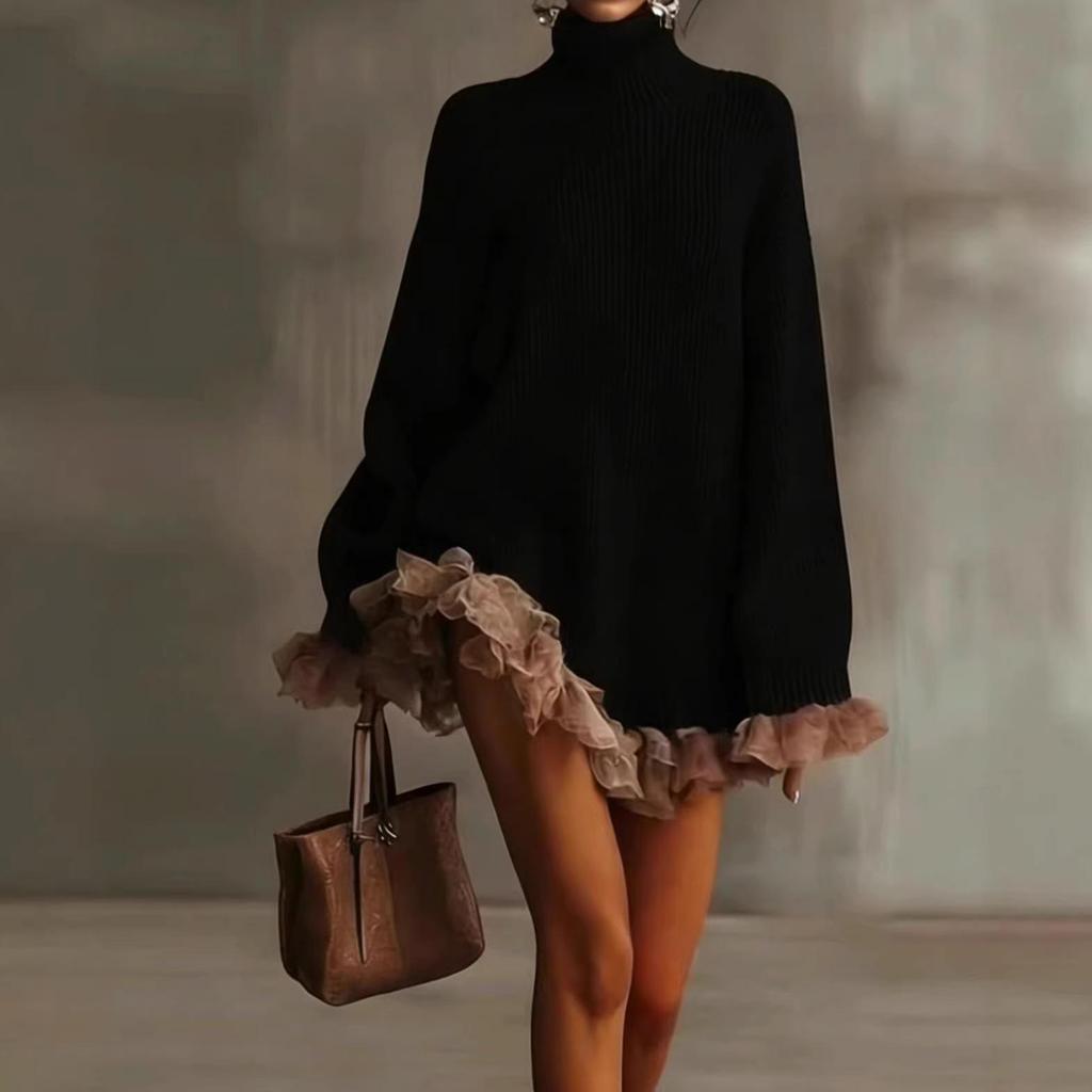 2026 Женский европейский и американский вязаный топ с высоким воротником, пэчворк, рюшами, длинным рукавом
