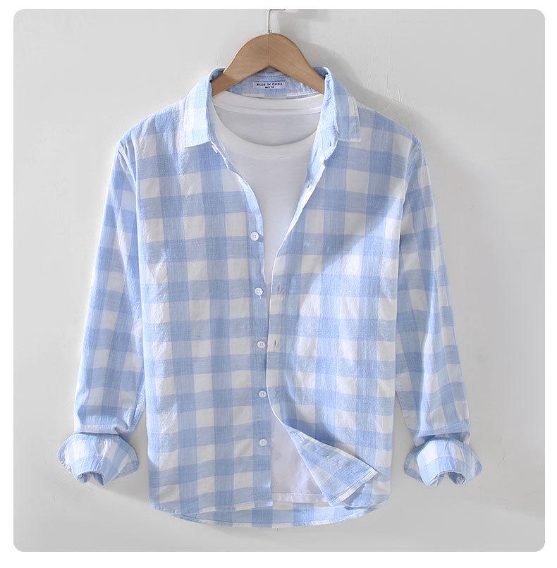913 S/S Fresh Plaid Long Sleeve Shirt - Men's Casual Loose Fit Square Collar