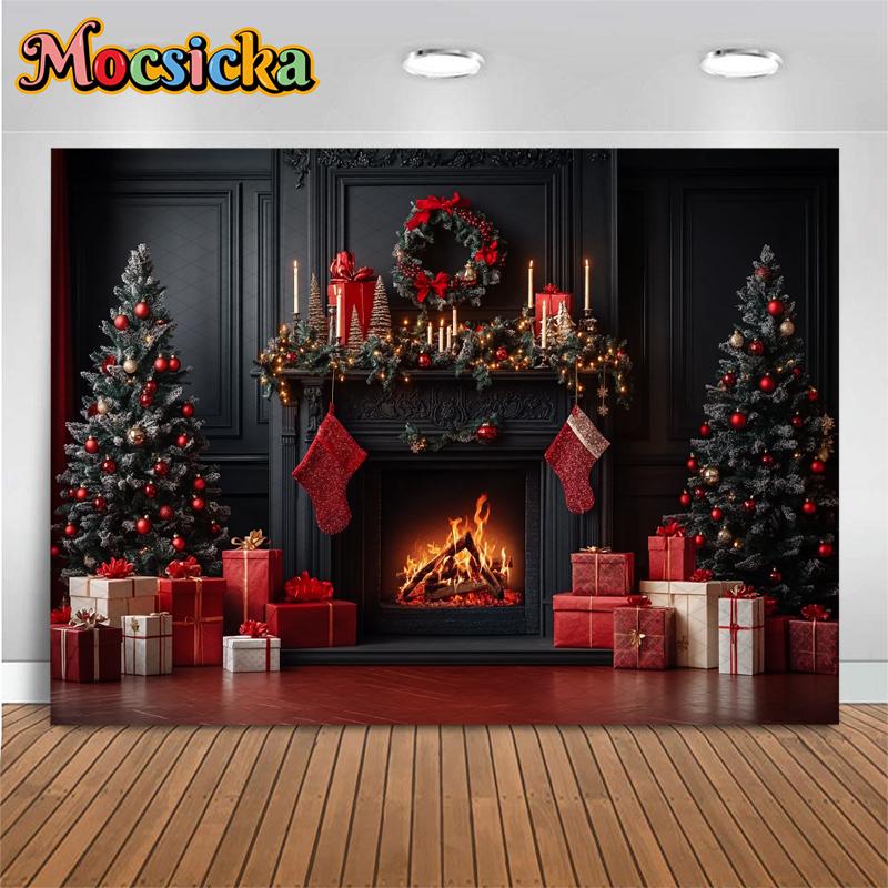 Mocsicka Рождественский фон для фотосъемки Камин Красный цветок Подарок Рождественская елка Фотофон для съемки Домашний декор Студия