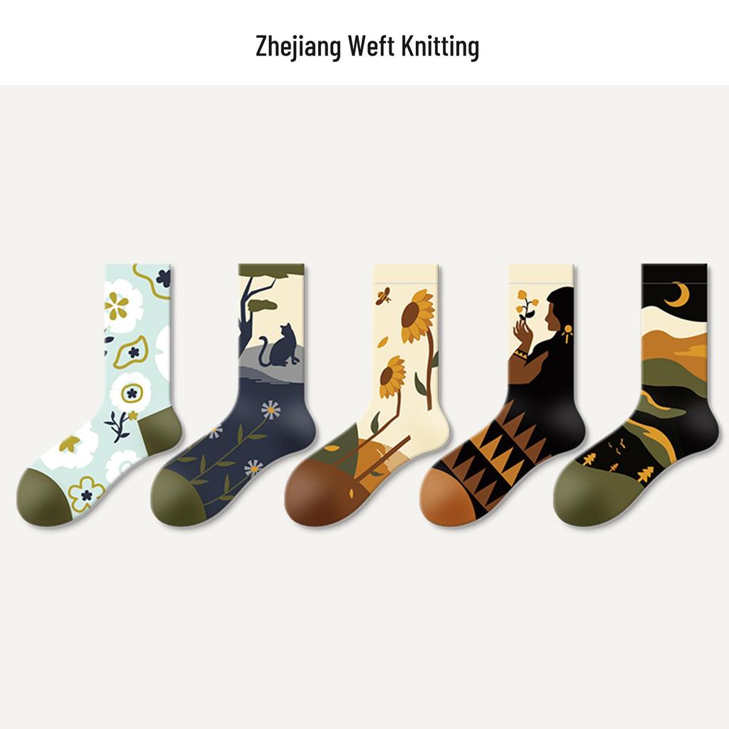 Women's Hand-Painted Floral Oil Painting Mid-Calf Socks - Retro Spring & Autumn Design