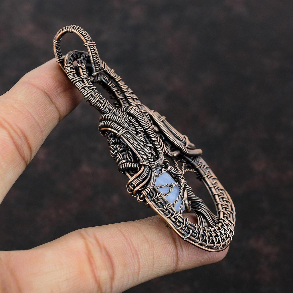 Подвеска из голубого кружевного агата «Дерево жизни», подвеска из медной проволоки, ручная работа, медные украшения, подвеска из драгоценных камней, подвеска из проволоки, подарок для матери