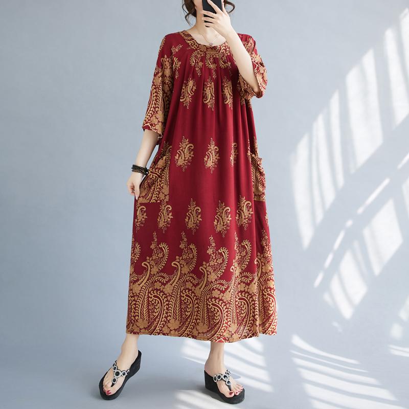 DIMANAF Большие размеры женское 2024 новое летнее хлопковое свободное платье винтажное платье с круглым вырезом базовые длинные платья оверсайз