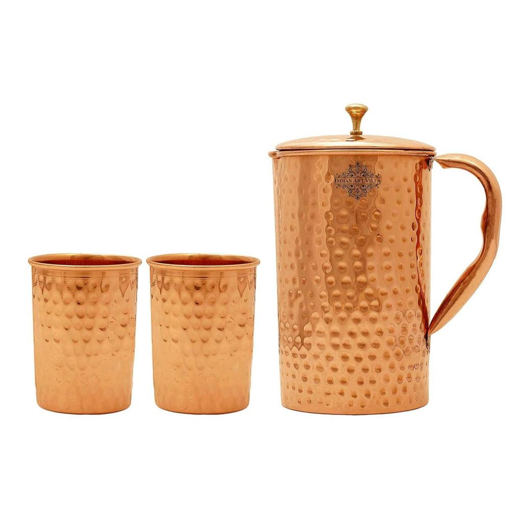 Hammered Copper Jug Pitcher with 2 Glass Tumbler, Drinkware & Serveware, 3 Pieces, Copper, Brown
