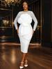 Elegant White Midi Dress for Women Lace Sleeve Bodycon Style with Oversized 3D Flower Front Church Wedding Guest Formal Evening Outfit