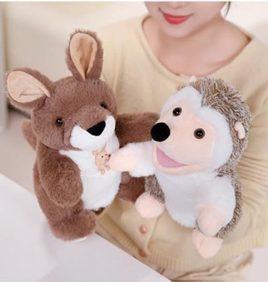 Muppets, stuffed toys, dolls, hand puppets, finger puppets, ventriloquists, puppets with moving mouths, cows, animals, farms, ranches, zoos, theater