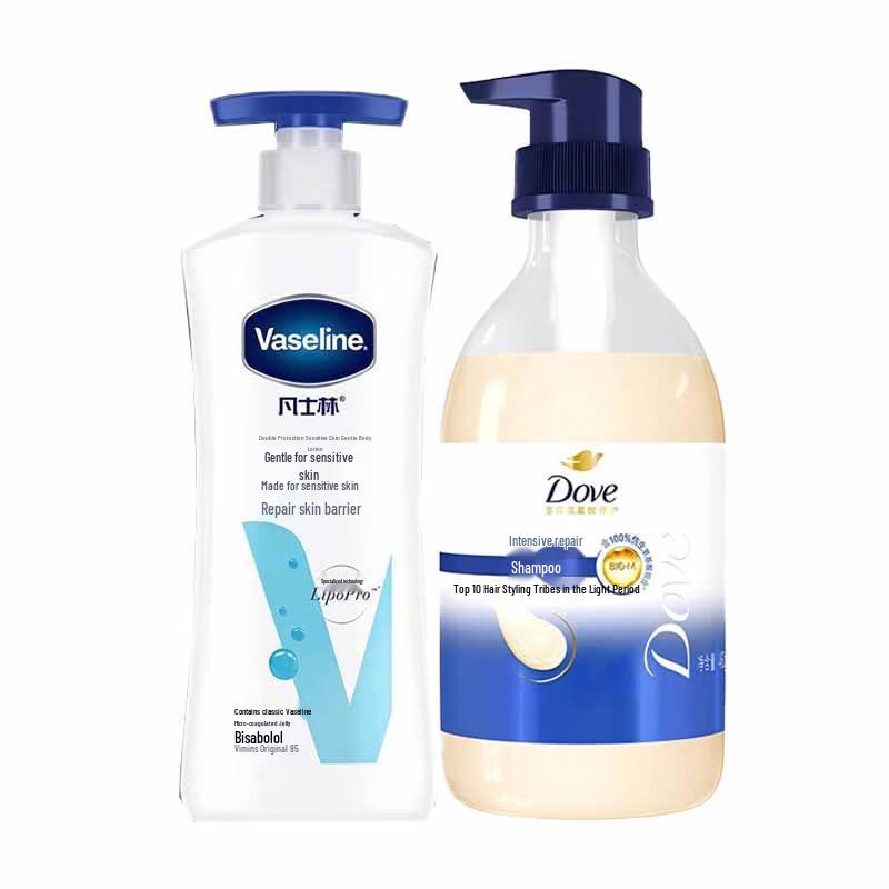 Vaseline Sensitive Skin Body Lotion & Dove Nourishing Shampoo Set