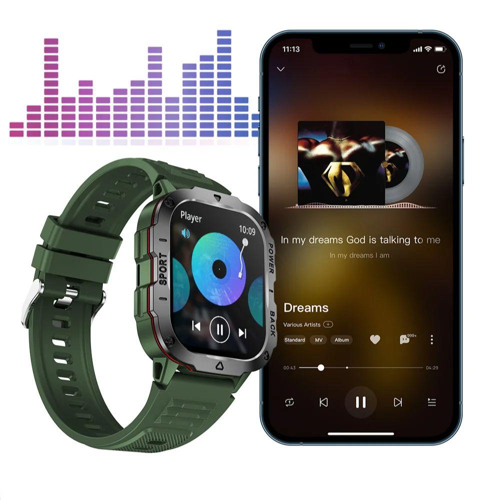 Смарт-часы в стиле милитари 2,01-дюймовый TFT-экран Отображение информации по SMS Воспроизведение музыки Спорт на открытом воздухе Фитнес GPS-трекер Здоровье Bluetooth-вызов Smartwatch