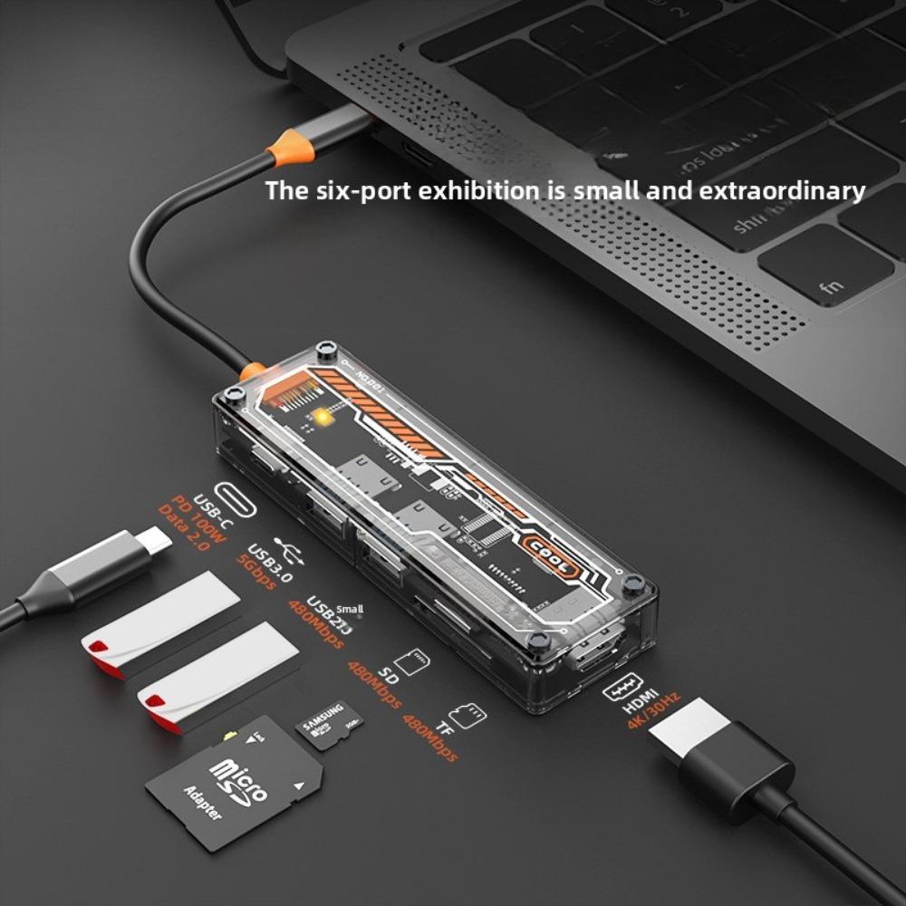 6 в 1 Type C Hub с прозрачным дизайном USB 3.0 адаптер для ноутбука MacBook Расширение портов Быстрая передача данных