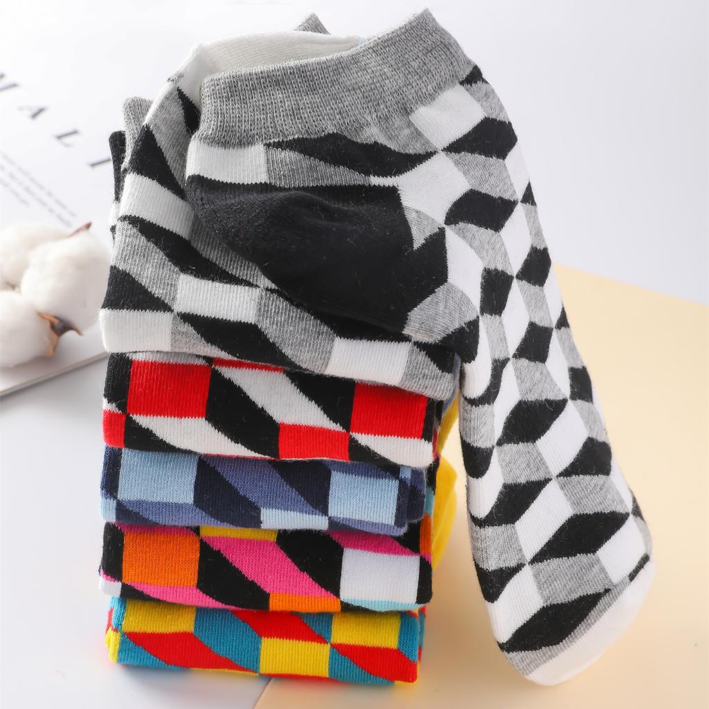 5 Pairs/Pack Men Spring Summer Thin Breathable Cotton Ankle Socks Geometry Pattern Fashion Casual Short Socks