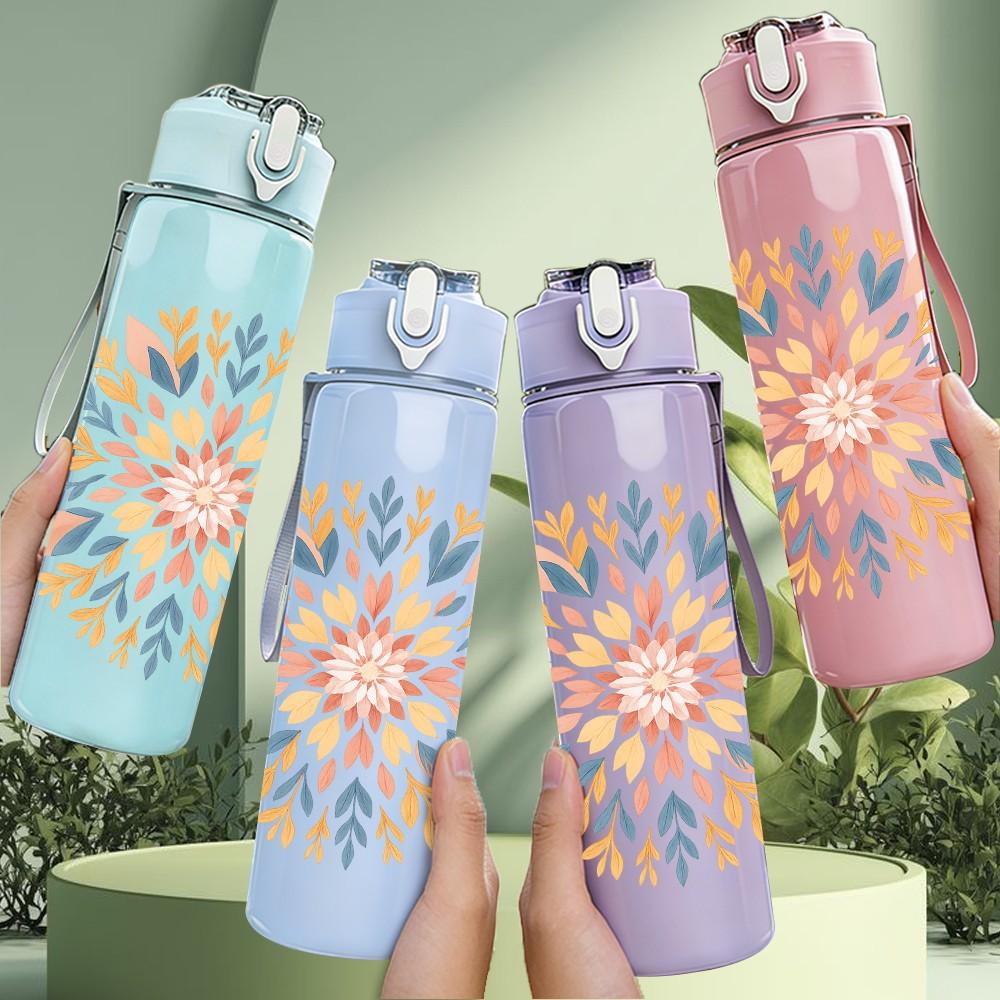 1PC Mandala Floral Circle Art 750ml Color Plastic Sports Water Bottle Leakproof Flip Straw Lid Suitable for Sports Office Home Use