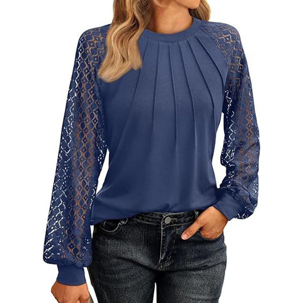 Women's Fashionable Long Sleeve Tops Lace Ruched T-Shirt Solid Round Neck Blouses Casual Top