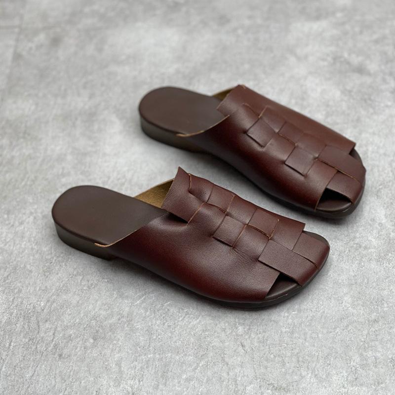 Johnature Плетеные тапочки на плоской подошве из натуральной кожи ручной работы. Женская обувь с круглым носком и мягкой подошвой. Уличные шлепанцы в стиле ретро.