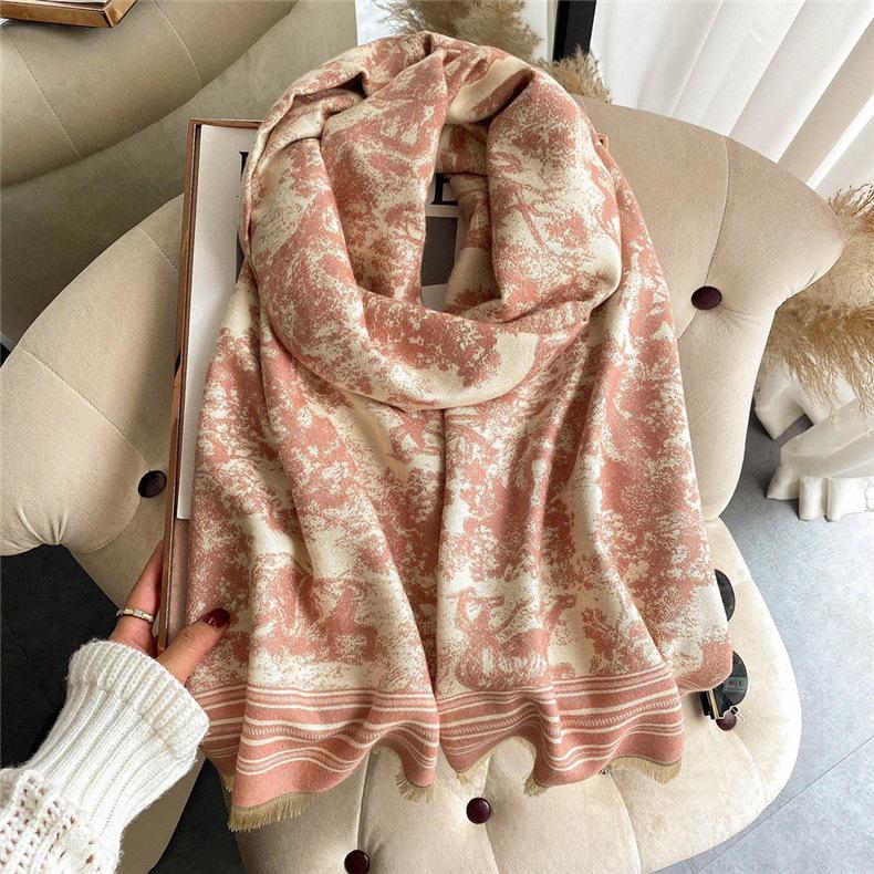 2024 Осень/Зима Новый утолщенный теплый двухсторонний двухцветный шарф из искусственного кашемира с кисточками, высококачественный воротник-шаль