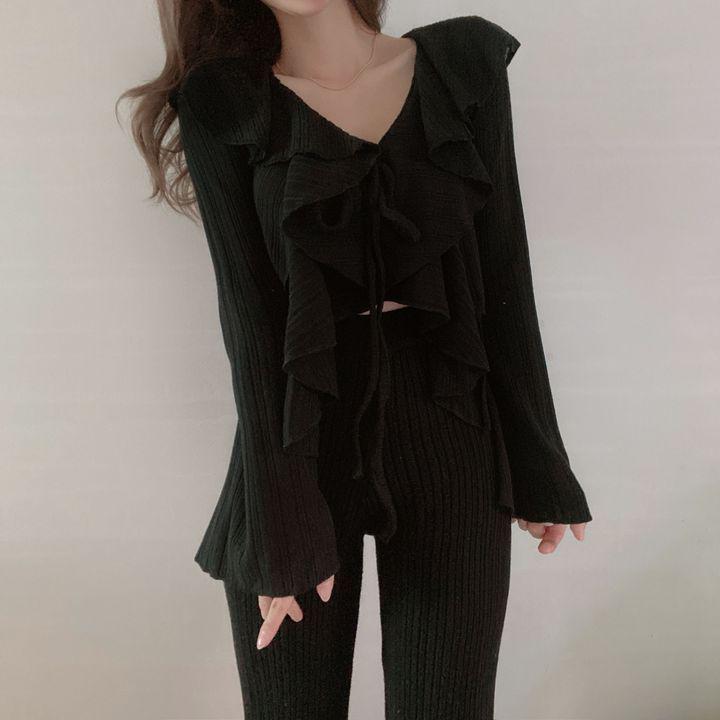 Топ в корейском стиле с воротником Питера Пэ, оборками и вырезами, рукава-колокола