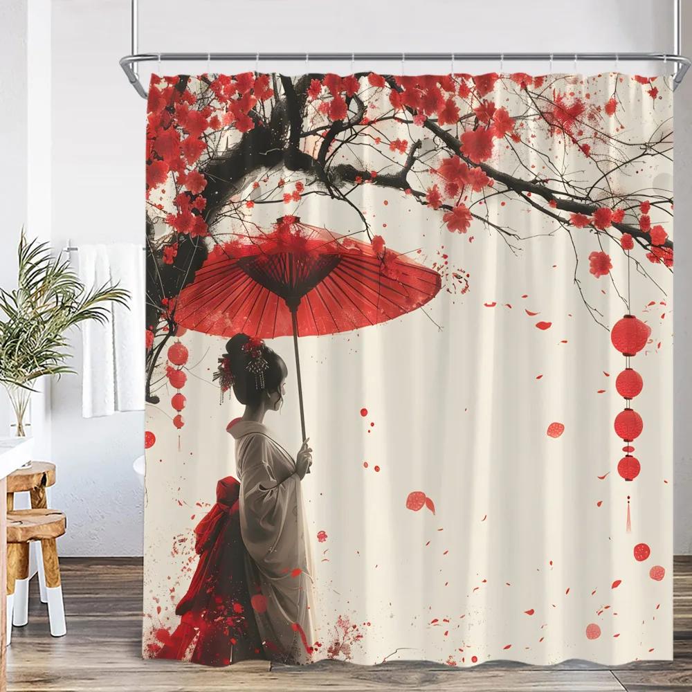 Samurai Geisha Japanese Style Ink Painting Shower Curtain Japan Shrine Red Sun Mountain River Pink Cherry Blossom Bath Curtain