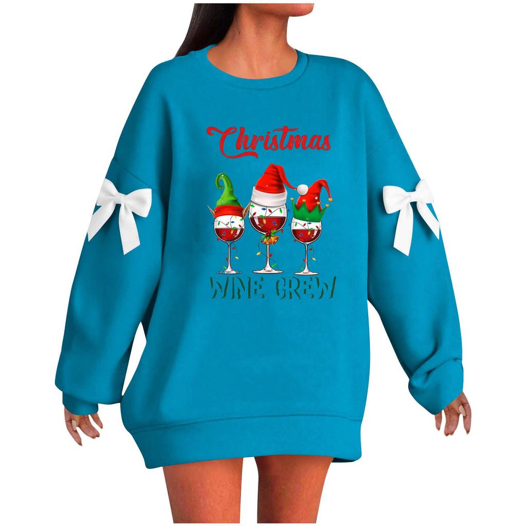 Ladies' Christmas Printed Bow Round Neck Long Sleeved Loose Pullover Sweater Sweatshirt Top