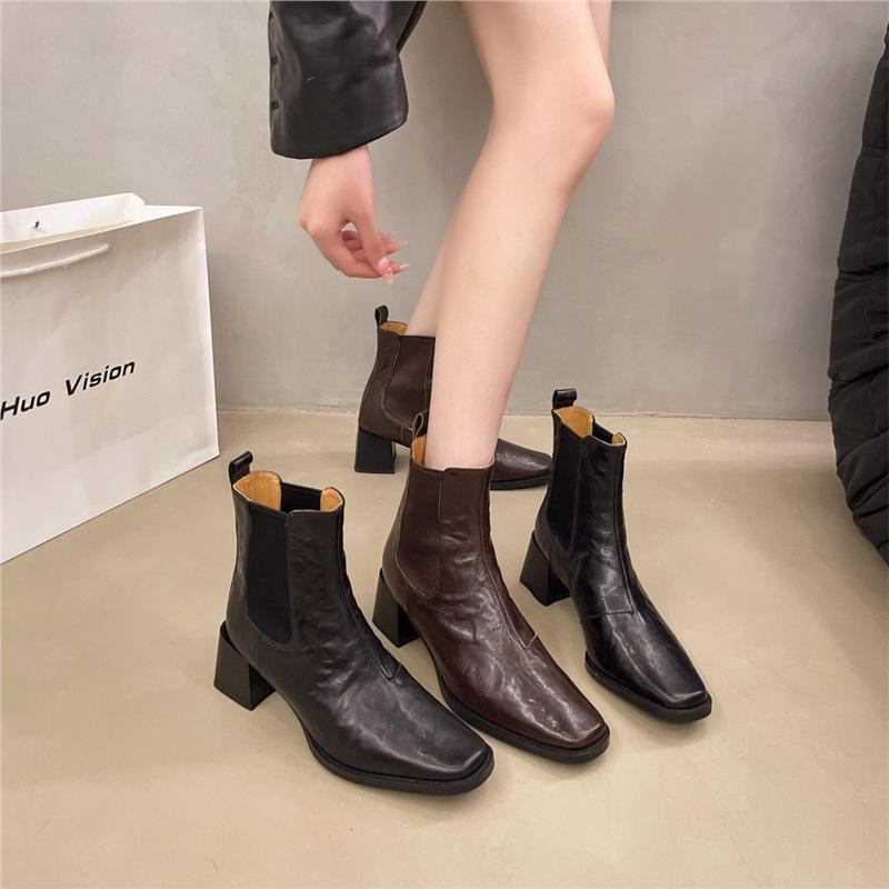 Short Boots Women's 2025 Autumn and Winter New Square Head Thick Heel Middle Heel Korean Version Sleeve Versatile Martin Commuter Chelsea Boots