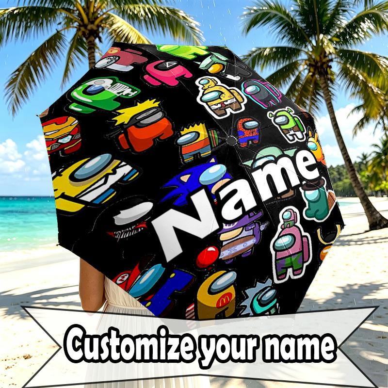 Custom Name Personalized Among Us Print Umbrella, Auto Open Close, 8‑Rib Sturdy Frame, Commute Camping Hiking Use, Birthday Gift