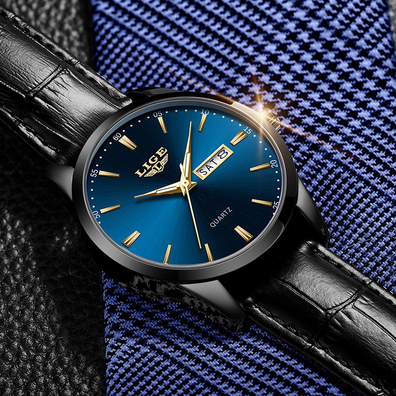 LIGE Лучший бренд, мужские кожаные деловые часы с датой, водонепроницаемые светящиеся часы, мужские роскошные спортивные водонепроницаемые кварцевые наручные часы