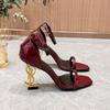 High Heel Open End Sandals, Sexy, with Unique Strap, Red Wine Color, Elegant Personality New Summer Style Elegant Ladies Sandals