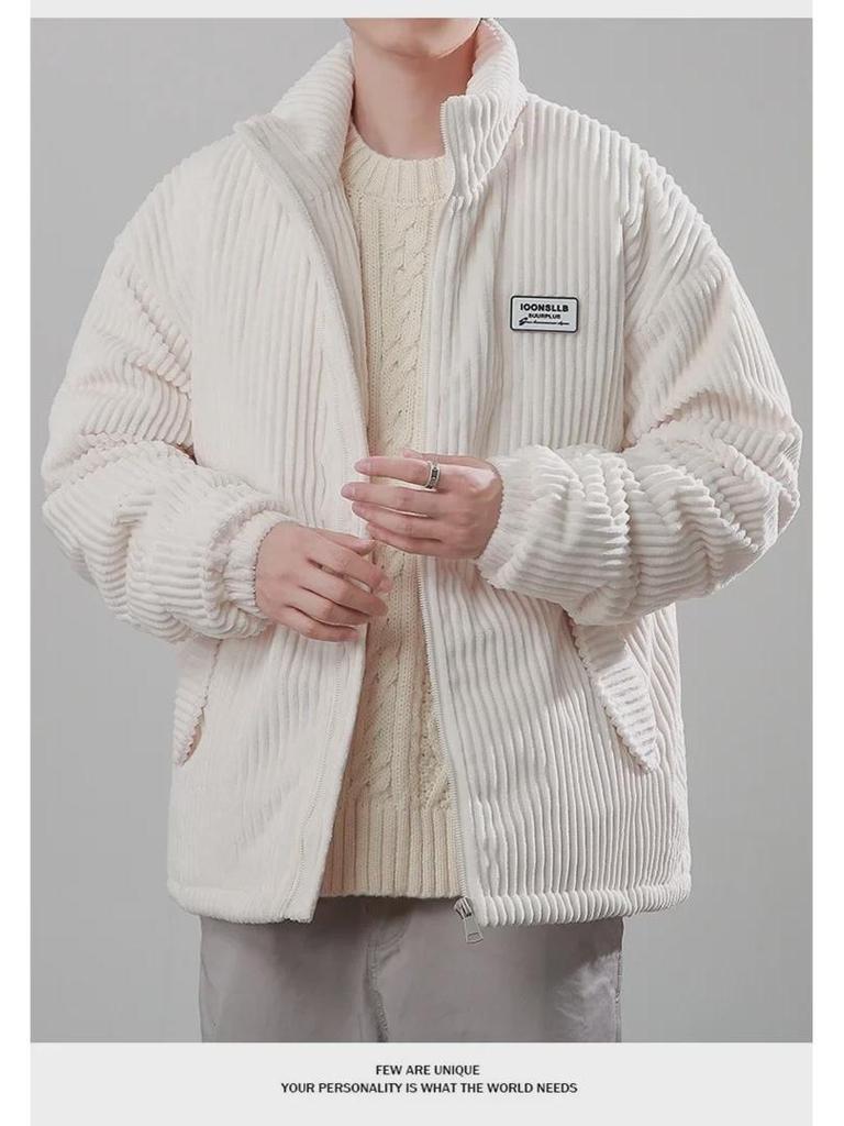 2024 Мужское и парное толстое ветрозащитное вельветовое хлопковое пальто: Американский ретро-воротник-стойка, устойчивый к холоду, для осени/зимы.