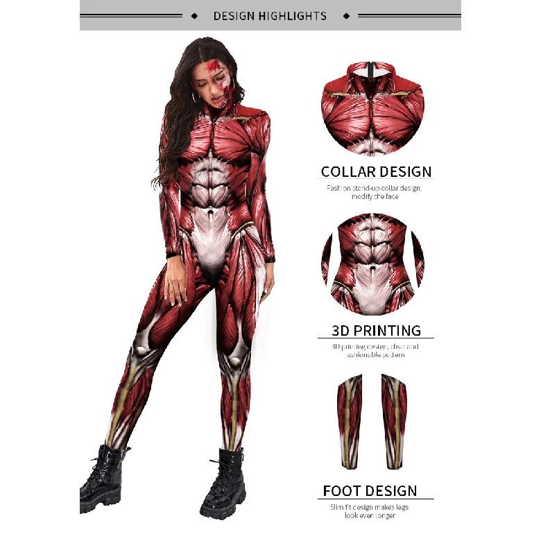 [You're My Secret] Halloween Cosplay Costumes for Men Women 3D Printed Muscle Elastic Human Anatomy Body Bodysuit Jumpsuit