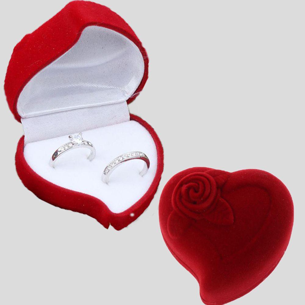 Heart Shape Exquisite Ring Display Box Velvet Jewelry Box Red Rose Double Ring Storage Box