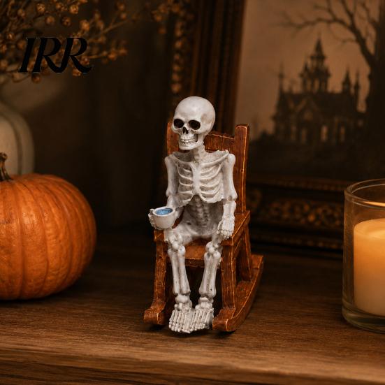 Collectible Skeleton Shelf Sitter Halloween Figurine, Resin Sitting on Rocking Chair Statue, Drinking Funny Dark Holiday Figurines Coffee Crocheting