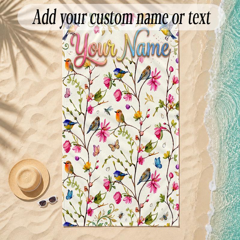 Birds Theme Soft Beach Towel Personalized Custom Name Text Towel Portable for Beach Pool Travel