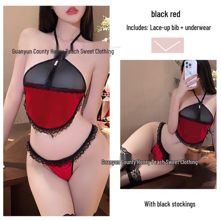 Christmas Mesh Lingerie Set: Halter Tie-Up Top & Doudou Panties