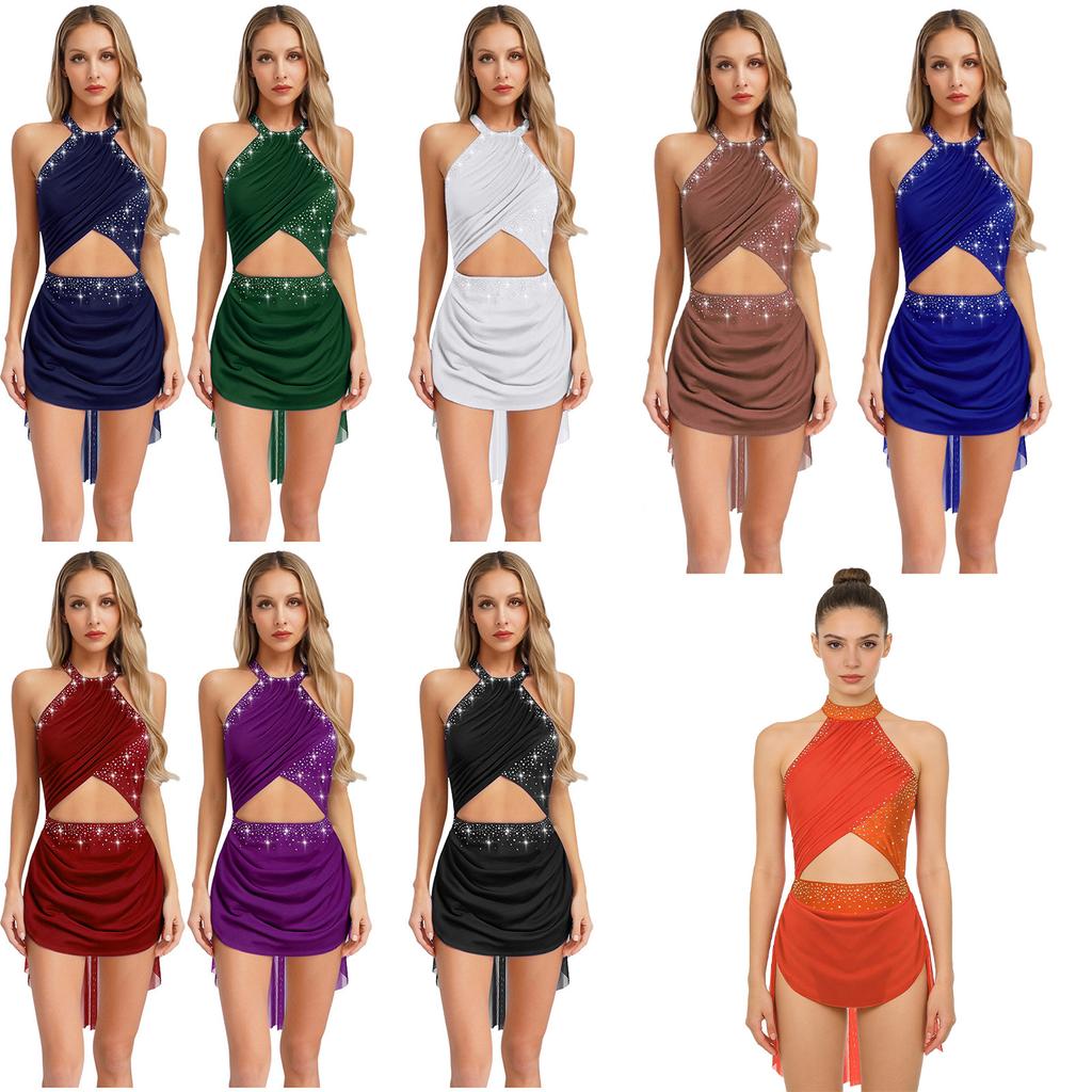 Взрослая женская современная латиноамериканская джазовая лирическая самба танцевальная одежда сценический костюм для соревнований блестящий купальник со стразами юбка