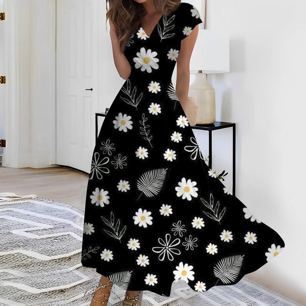 Женское длинное повседневное платье. Летнее платье с короткими рукавами и v-образным вырезом на талии с принтом.