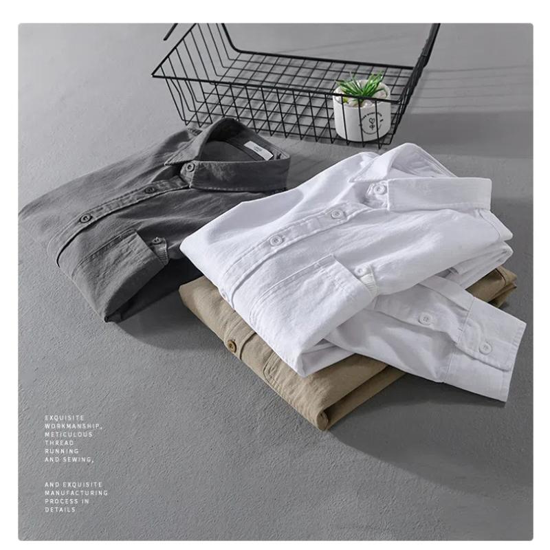 Весенне-летняя рубашка с длинным рукавом для мужчин в корейском стиле, рабочая одежда для мужчин, топы с воротником-лацканами и карманами, хлопковая рубашка, простая мужская одежда