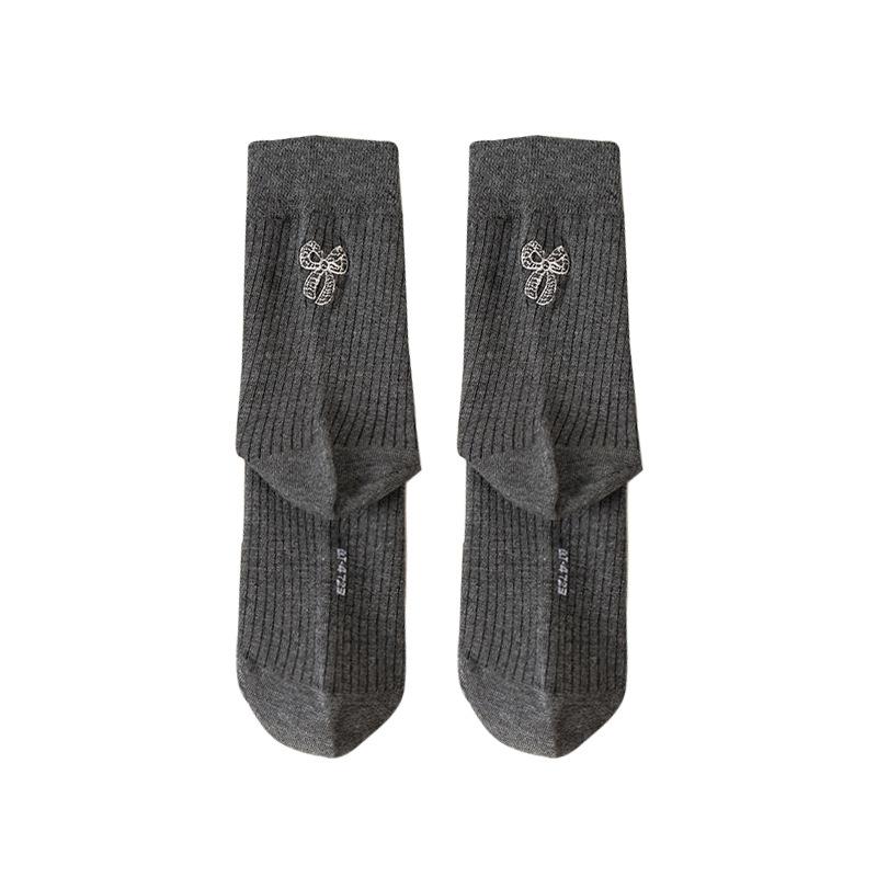 5 пар носков осенние женские хлопковые до середины голени балетные кремовые каблук вышитый бант анти-пиллинг серые многослойные носки