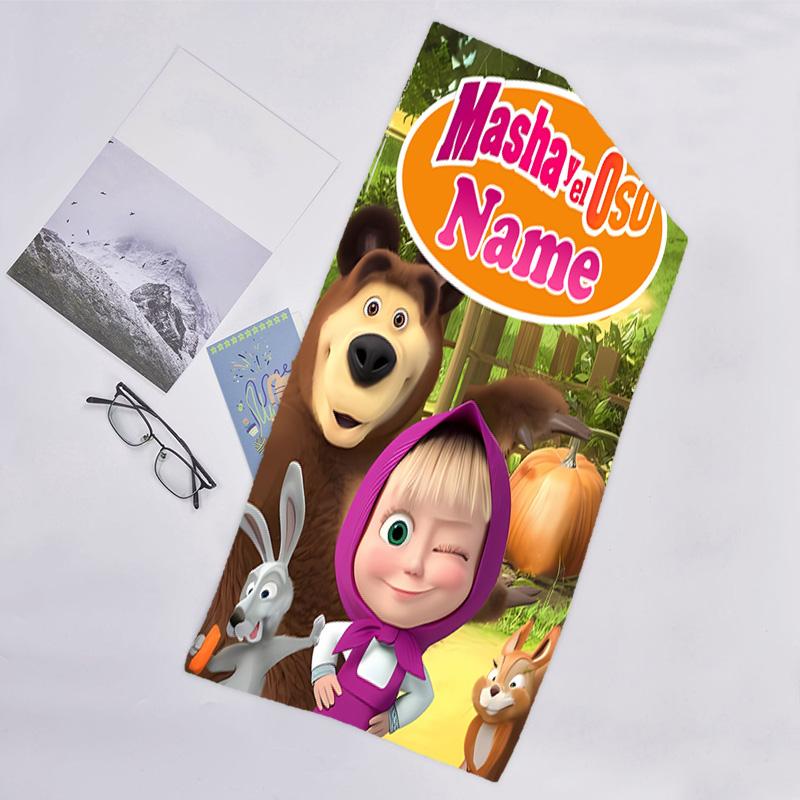 1pc Masha and the Bear2 Beach Towel with Custom Name, Beach/Swimming/Bath/Picnic/Camping Towel, Suitable for Seaside Beaches