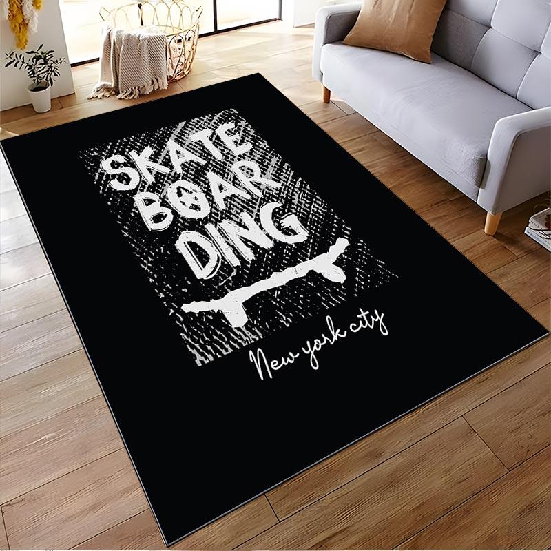 Black Skateboarding-Themed Carpet with Skull Design, New York City Print Suitable for use as an anti-slip for living room bedroom sofas