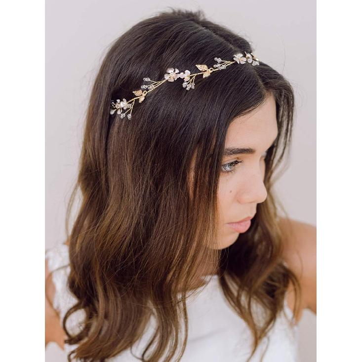 SWEETV Handmade Wedding Headband Flower-Leaf Bridal Headpieces for Wedding Hair Accessories Brides Hair Pieces Gold
