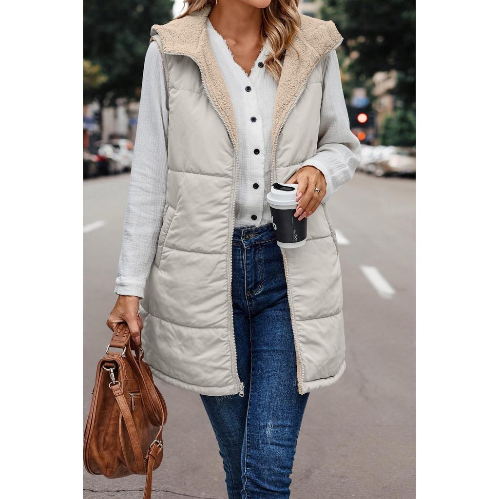 Solid Color Hooded Cotton Vest Jacket, Double-sided Wear Slimming Open Front Plus Size Outerwear for Europe America