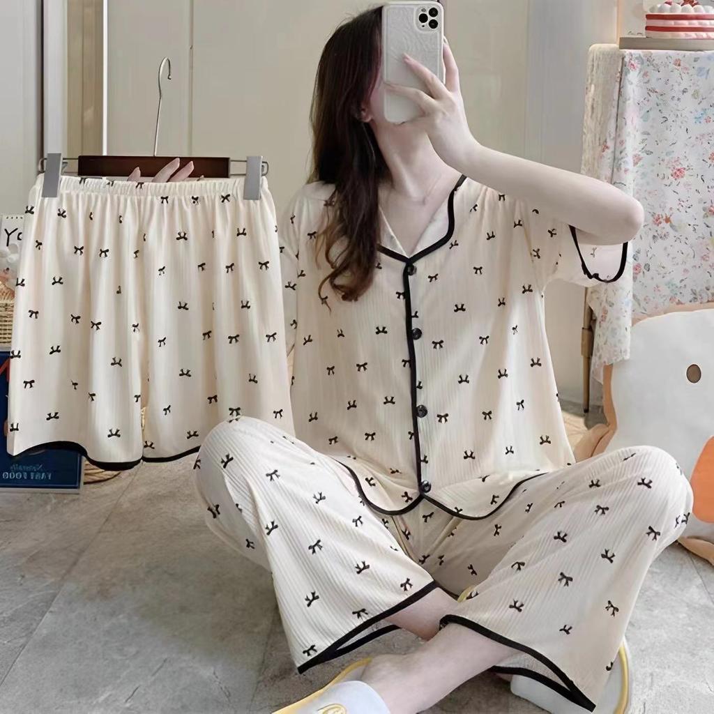 Женская домашняя одежда, повседневная пижама, летние шорты с короткими рукавами и рисунком из мультфильма, повседневный кардиган из трех предметов, комплект домашней одежды больших размеров