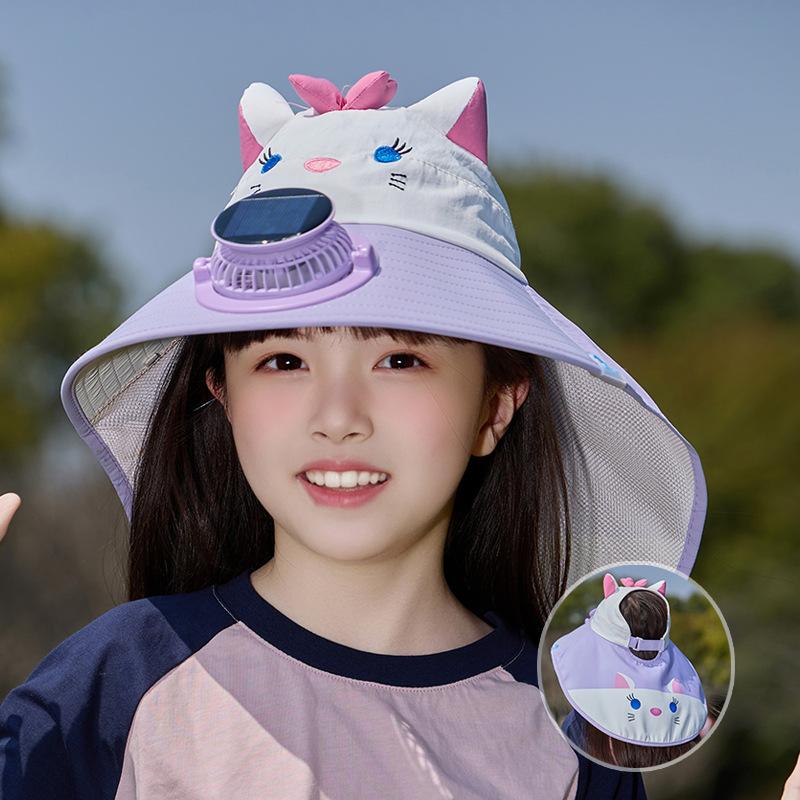 Children's Hat Summer Outdoor Sun Hat Cartoon Cute Solar Fan Hat Big Eaves Shawl Empty Top Sun Protection Hat