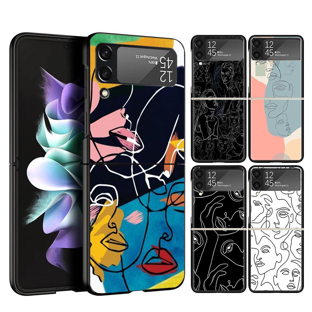 Abstract Line Women Face Case Phone Cover for Samsung Galaxy Z Flip 6 5 4 3 5G ZFlip6 ZFlip5 ZFlip4 ZFlip3 Black Hard Trend Fund