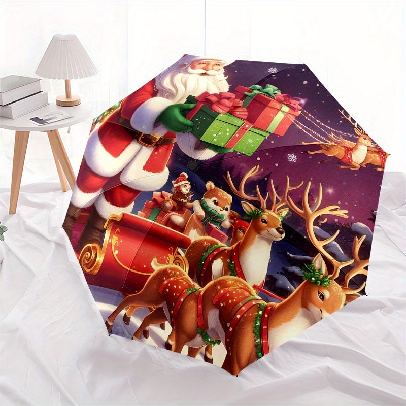 Santa Claus & Reindeer Christmas Sleigh Decorative StickerUmbrella, Portable 3-Fold Compact Umbrella,Christmas Gift ES429
