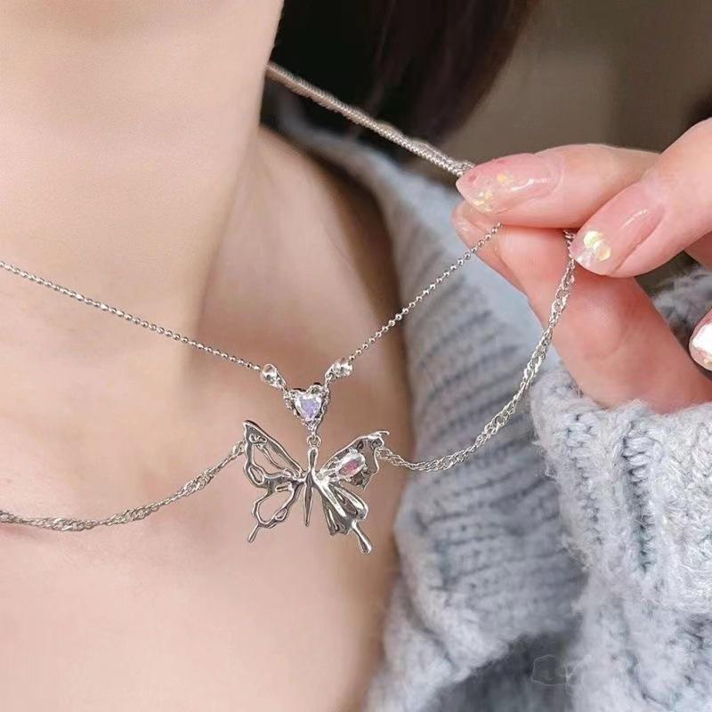 Silver Color  Heart Butterfly Pendant Necklace For Women Double Layer Clavicle Chain  Trendy Party Jewelry Gift