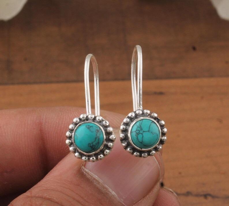 Solid 925 Sterling Silver Round Turquoise gemstone Drop Earrings Minimalist Earrings Gift For Her